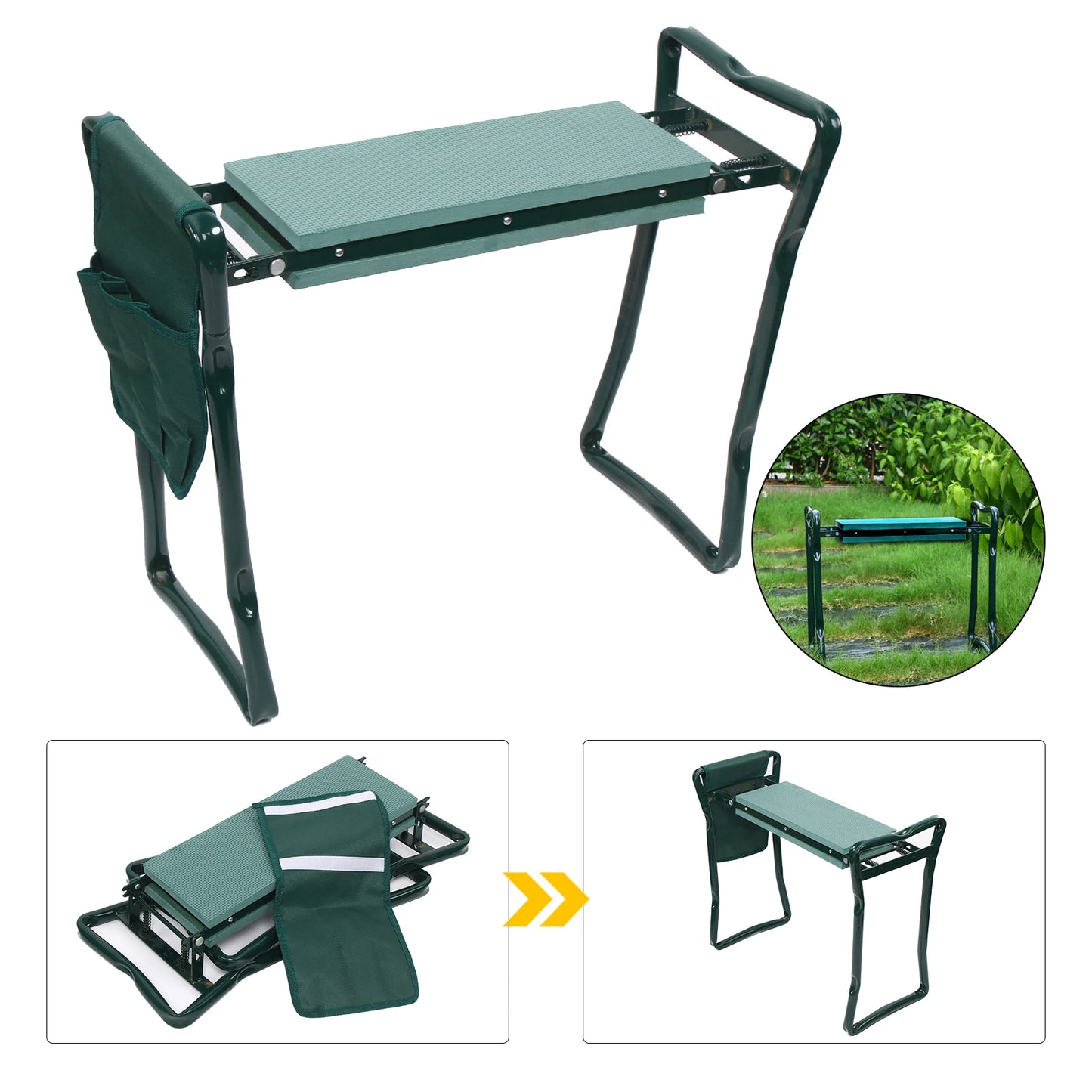 Folding Garden Kneeler Bench Soft Pad Seat Stool Heavy Load Bearing Multi-Functional Gardening Tools with Cloth Bag Tool Bag