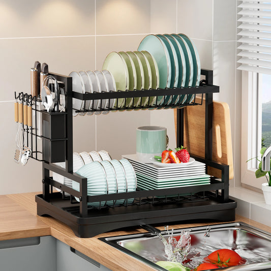 Dish Drying Rack，Space-Saving 2-Tier Dish Drying Rack with Utensil Holder & Cup Holder for Kitchen Counter,Black